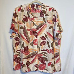 Linden Hill 100% Silk Leaf Print Blouse W XXL Button Front Short Sleeve Top